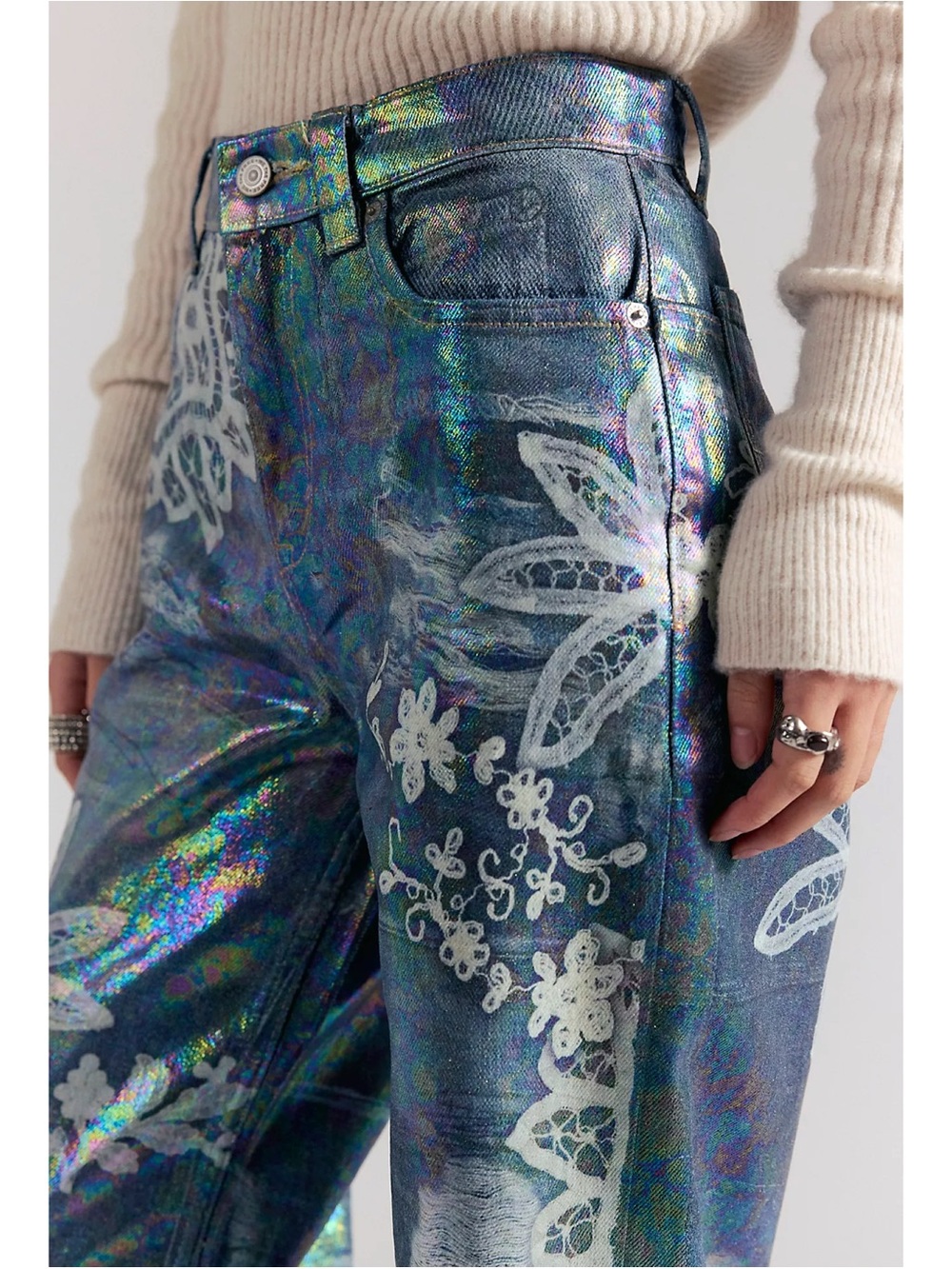 NWT Free People We The Free Tinsley Printed Jeans Illusions Hologram 24
